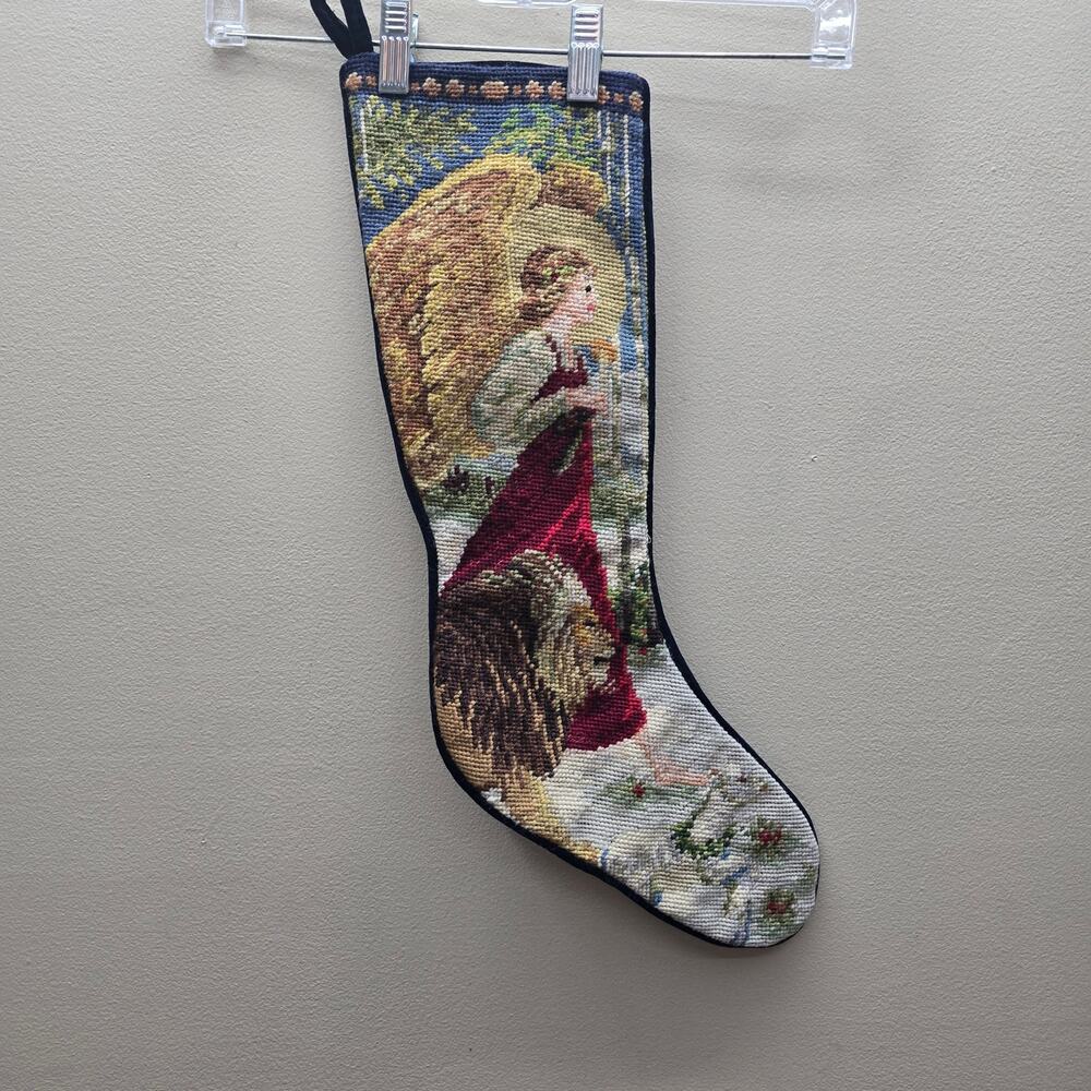 Vintage Handmade Wool Needlepoint Christmas Stocking Angel and Lion Velvet Back